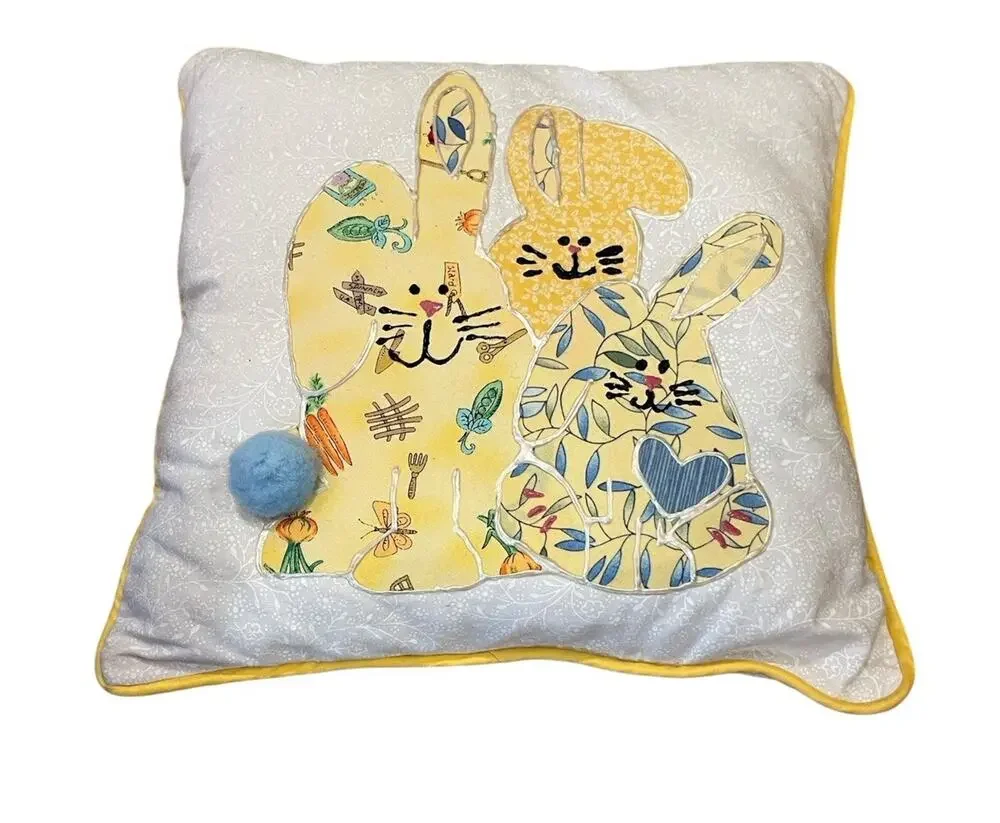 HANDMADE Bunny Rabbit Pillow Pom Pom Tail Accent EASTER Decor 10” Square